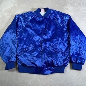 Vintage Cardinal Jacket Mens Large Blue Satin‎ Bomber Snap Front Made in USA